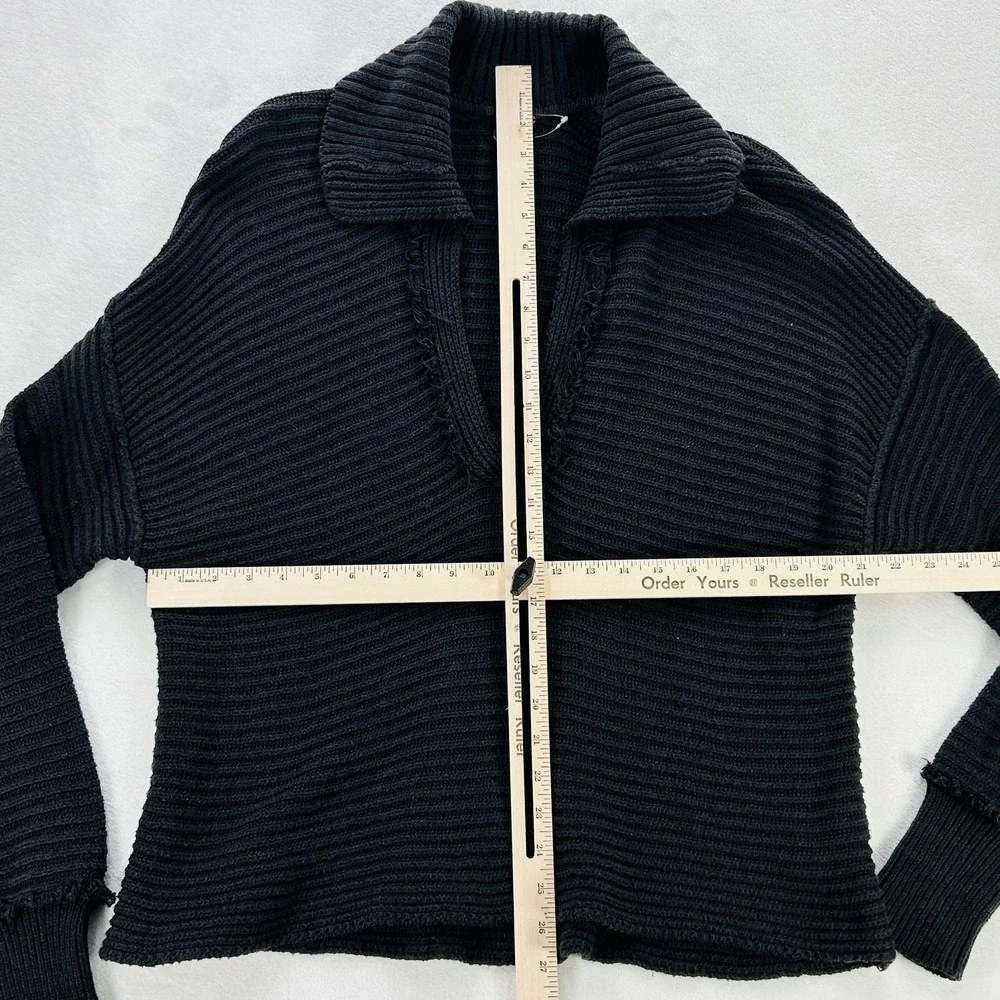Free People Sweater Womens Small Black Chunky Rib Knit Collared Deep V Pullover